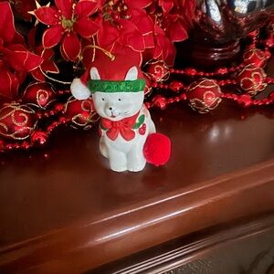 Festive Cat Figurine with Red Santa Hat